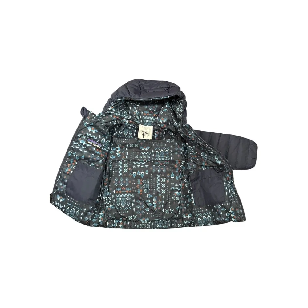 Patagonia Baby Reversible Down Sweater Hoody Jacket Blue‎ Geometric 3-6m NEW